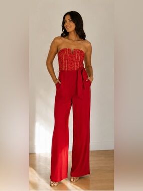 Francesca's Collections Red Wide-Leg Jumpsuit with Self Tie